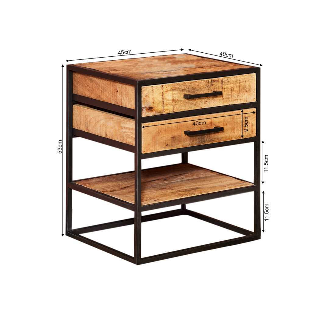 Nachttisch Delta Natur aus Mangoholz, Natur, 45x40x53 cm – moderner Beistelltisch mit 2 Schubladen & Metallgestell
