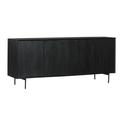 Sideboard Mandy Schwarz – Mangoholz mit Metallrahmen, 4 Türen im Lamellen-Design, modernes Lowboard 210 x 45 x 85 cm