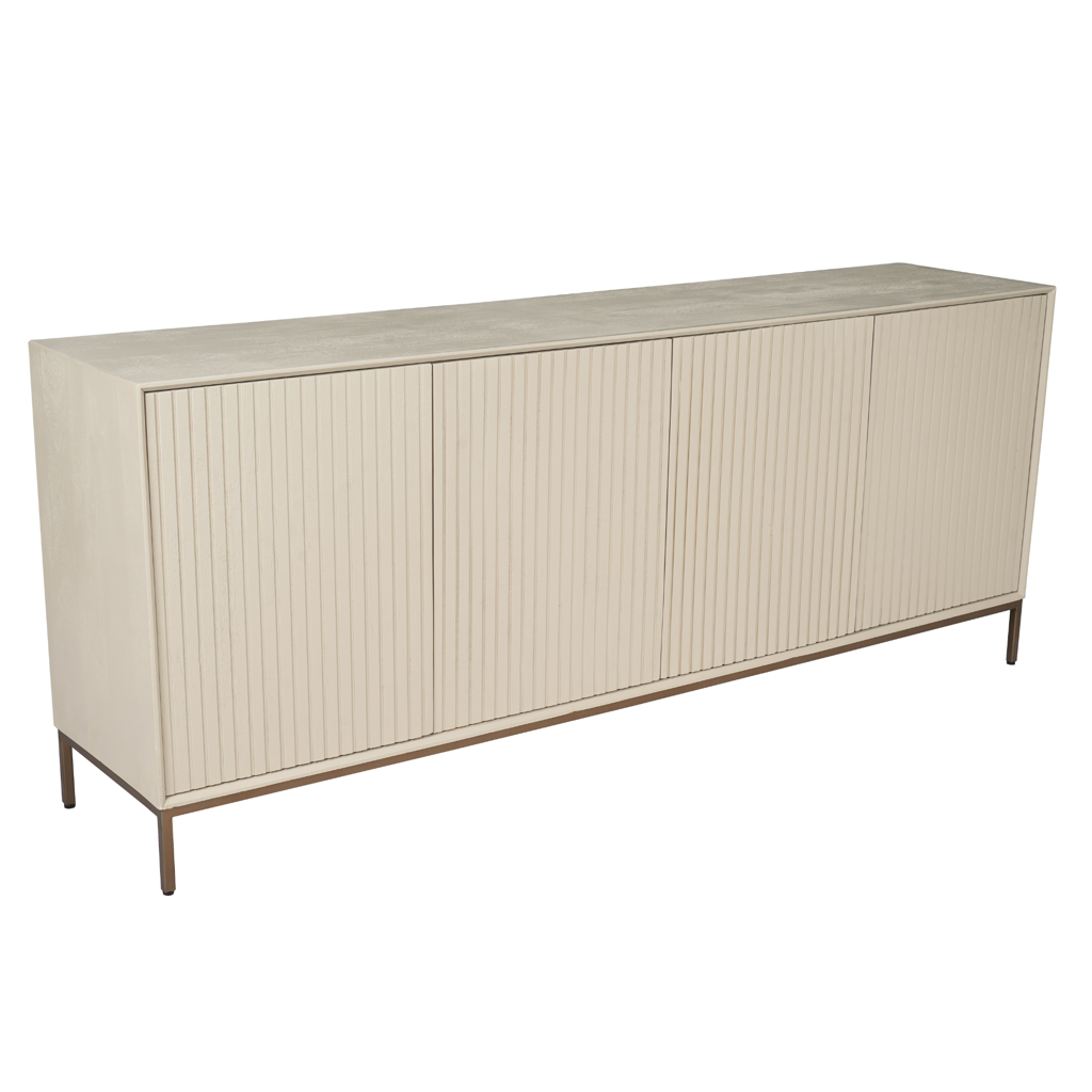 Sideboard Mandy Sand – Design-Kommode aus Mangoholz mit vertikalem Lattenmuster & bronzefarbenem Metallgestell, 210 x 45 x 85 cm
