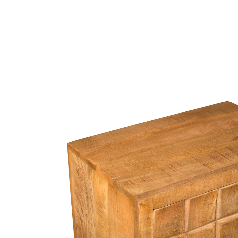 Highboard Jacky Natur – Schrank aus Mangoholz mit geschnitztem Blockmuster & Metallgestell, 1 Tür & 1 Schublade, 60 x 40 x 103 cm