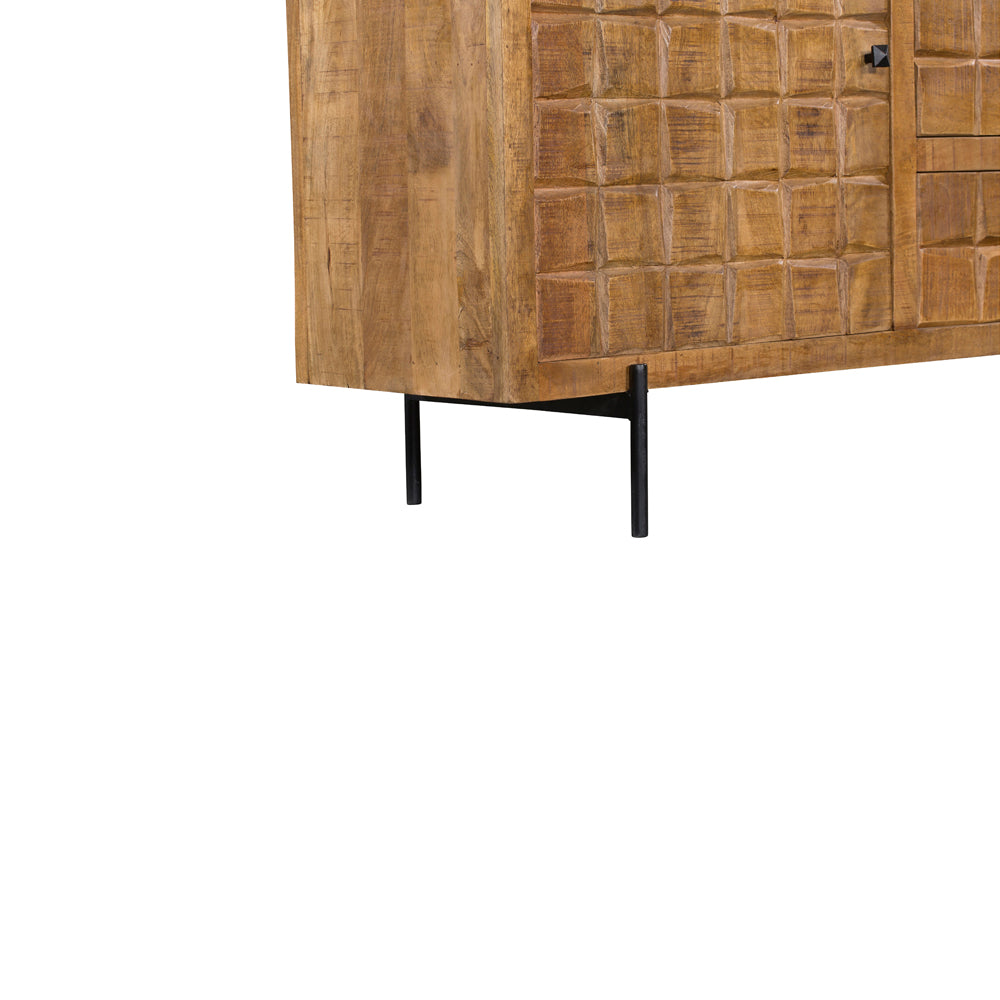Sideboard Jacky Natur – Mangoholz mit Metallbeinen, 2 Türen & 3 Schubladen, geschnitztes Blockmuster, 160 x 40 x 90 cm