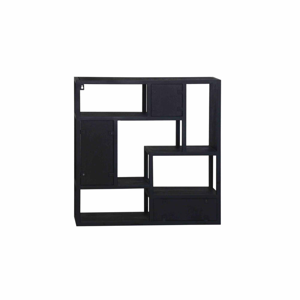 Wandregal Sydney – Regal aus schwarzem Mangoholz & Metallgestell, 75×16×75 cm, modernes Hängeregal im Industrial-Design