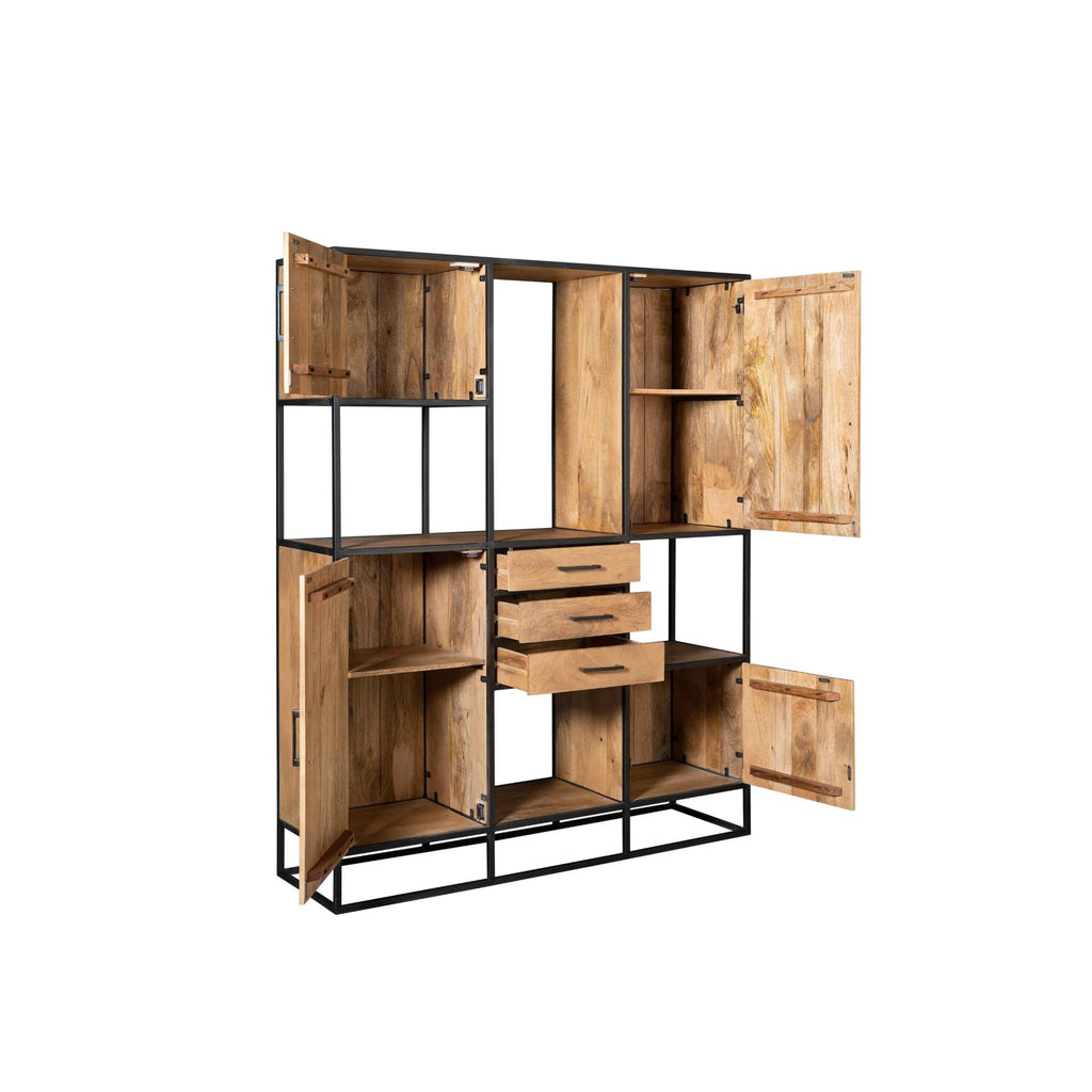 Regalschrank Delta Natur Supreme XXL – Wandschrank aus Mangoholz mit Metallgestell, 2 große & 2 kleine Türen, 3 Schubladen, 160 x 45 x 200 cm