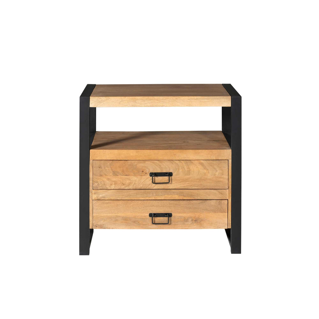 Kommode Bori Schwarz – Mangoholz Schubladenschrank mit Metallgestell & Lamellen-Optik, 80×80×40 cm, 2 Schubladen. Elegante Wohnkommode im zeitlosen Design