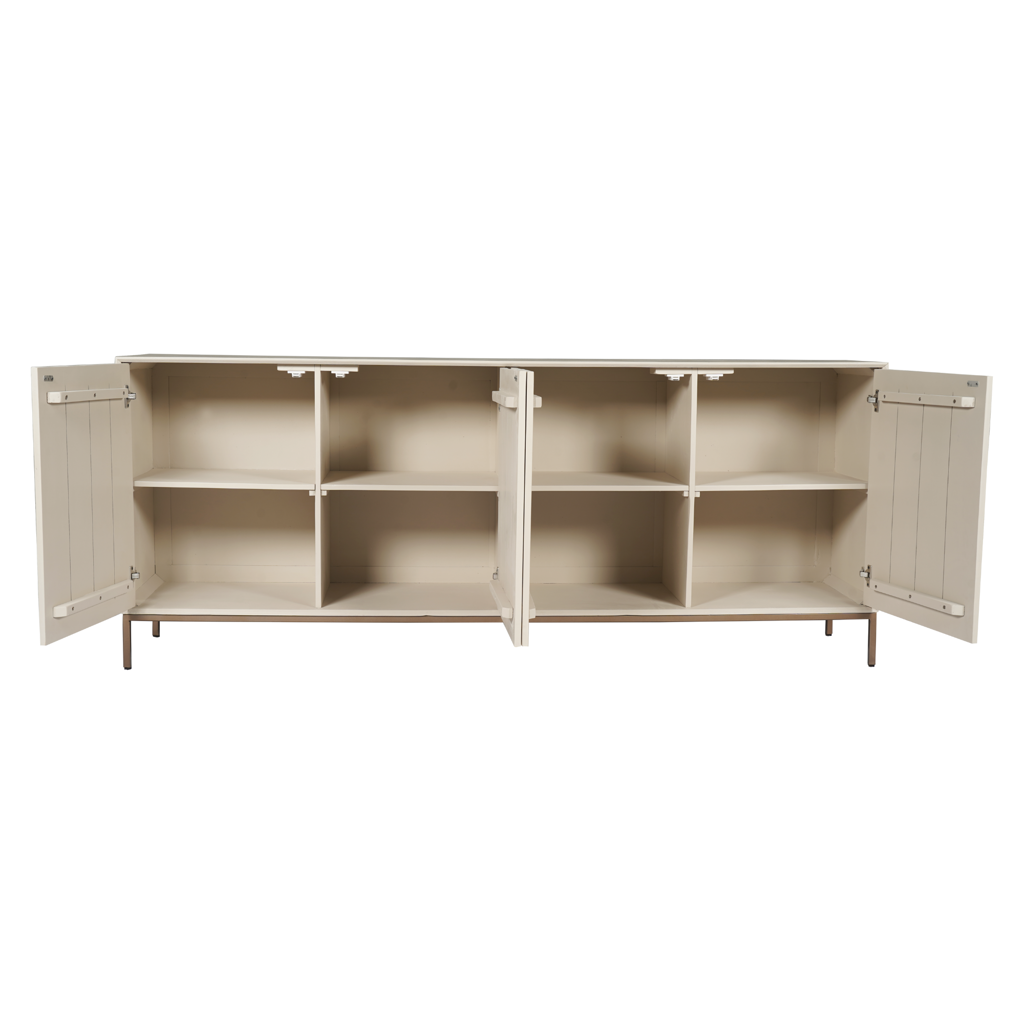 Sideboard Mandy Sand – Design-Kommode aus Mangoholz mit vertikalem Lattenmuster & bronzefarbenem Metallgestell, 210 x 45 x 85 cm
