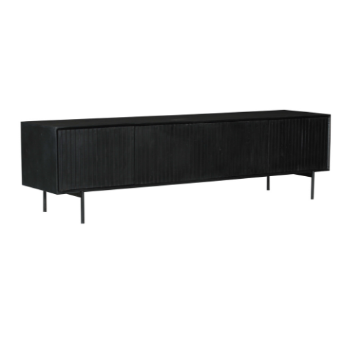 TV-Schrank Mandy Schwarz – Mangoholz TV-Board mit Metallrahmen & Lamellen-Front, 210×55×45 cm, 4 Türen im modernen Design