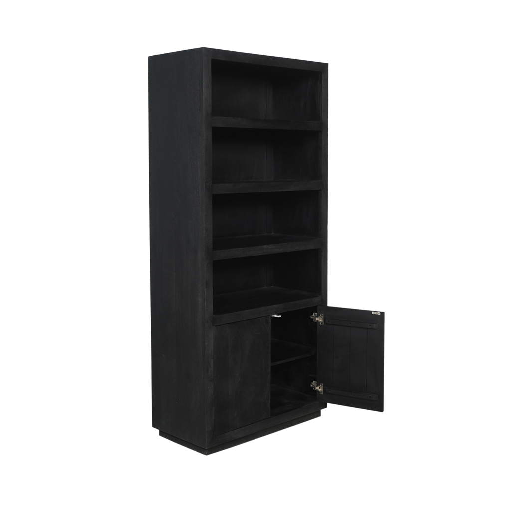 Bücherregal Bali Schwarz – Mangoholz Schrank 90×200×45 cm mit 4 offenen Fächern, 2 Türen & Push-to-Open-System