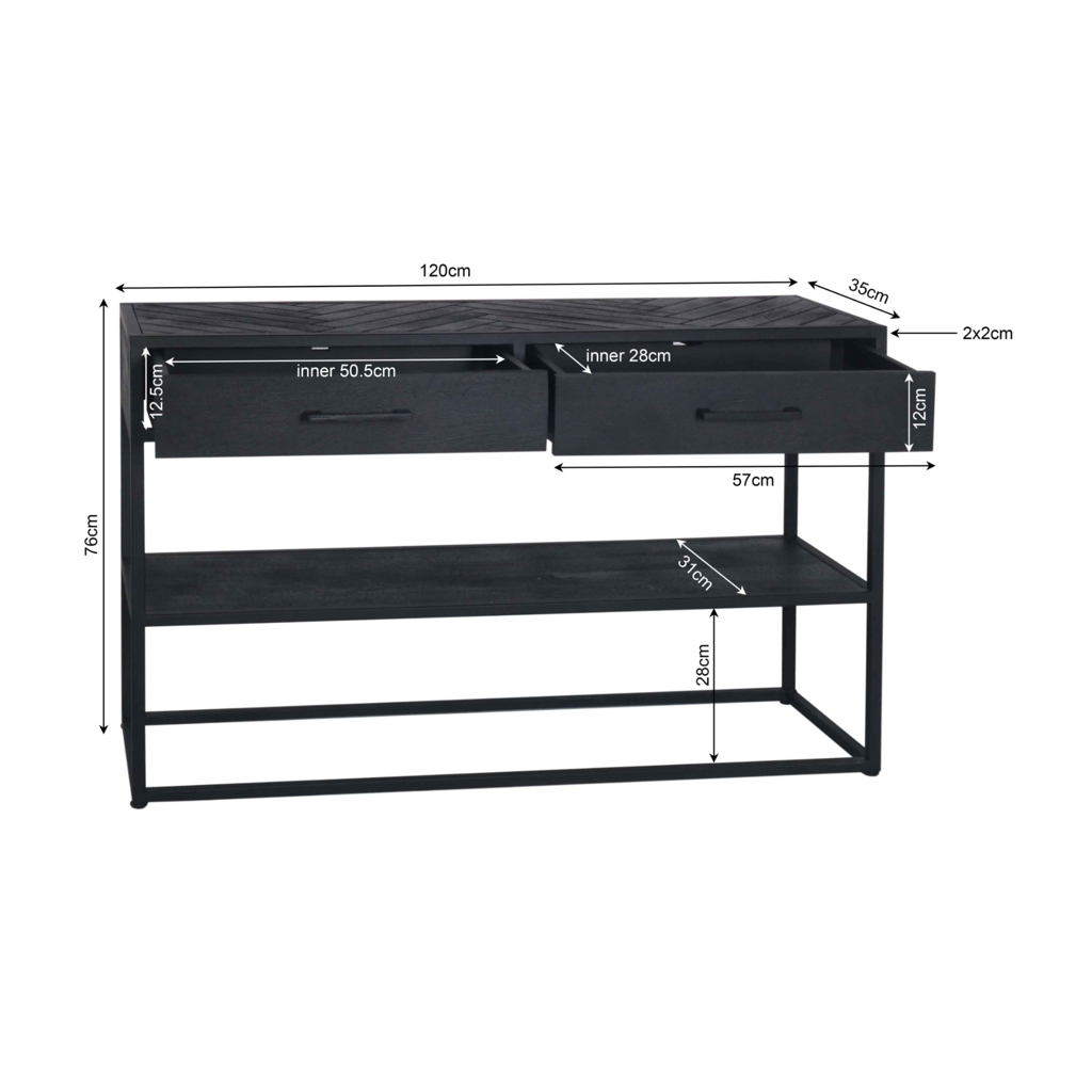 Konsolentisch Sydney – Mangoholz & Metall Schwarz, 120 x 35 x 76 cm, mit 2 Schubladen & Regal im Industriedesign