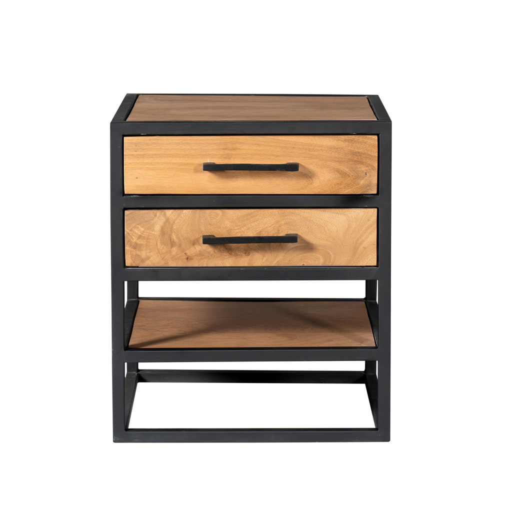 Nachttisch Delta Natur aus Mangoholz, Natur, 45x40x53 cm – moderner Beistelltisch mit 2 Schubladen & Metallgestell
