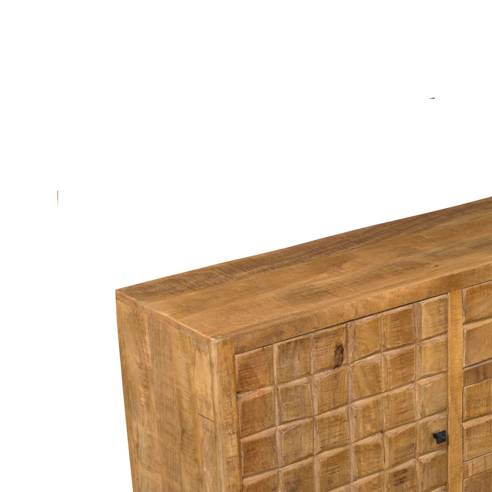 Sideboard Jacky Natur – Mangoholz mit Metallbeinen, 2 Türen & 3 Schubladen, geschnitztes Blockmuster, 160 x 40 x 90 cm
