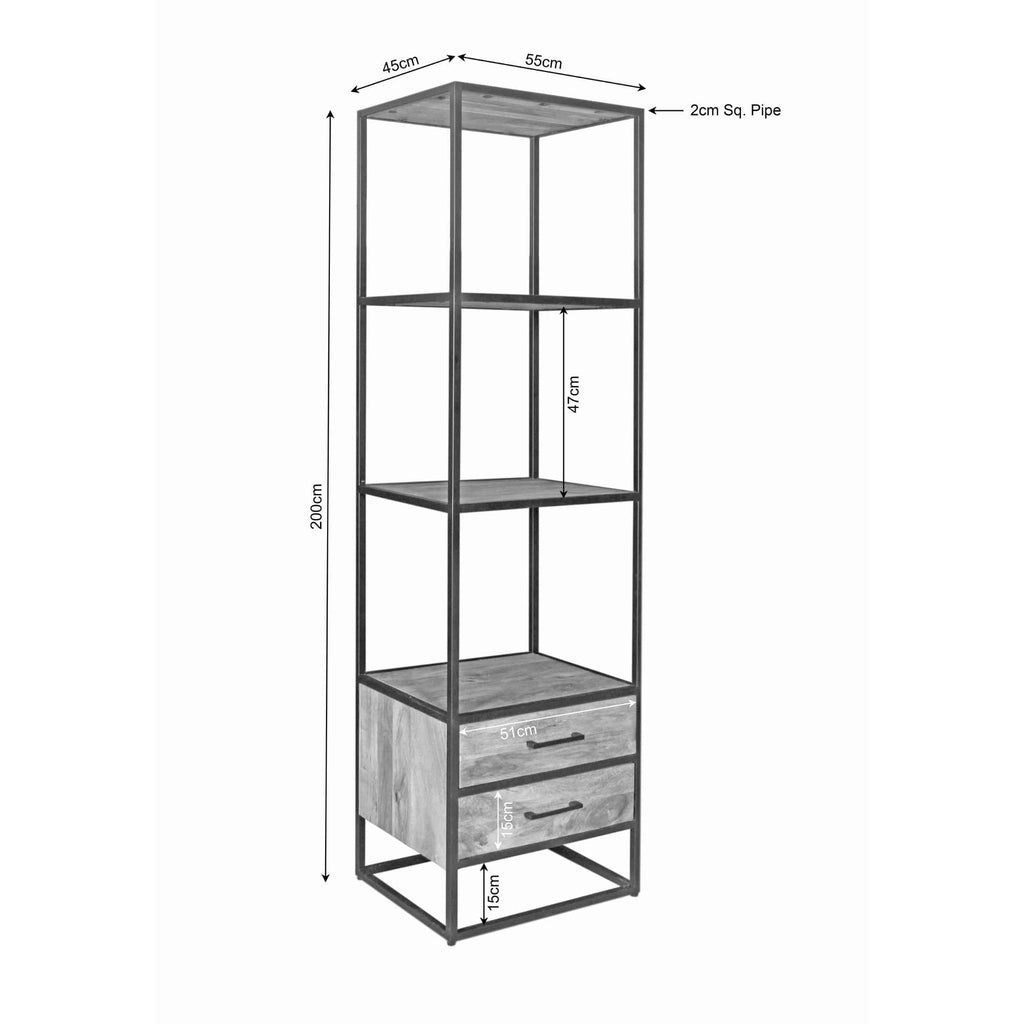 Bücherregal Delta Natur – Mangoholz Regal mit 2 Schubladen & Ablagen, 55×45×200 cm, Metallrahmen schwarz