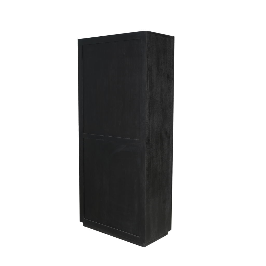 Bücherregal Bali Schwarz – Mangoholz Schrank 90×200×45 cm mit 4 offenen Fächern, 2 Türen & Push-to-Open-System