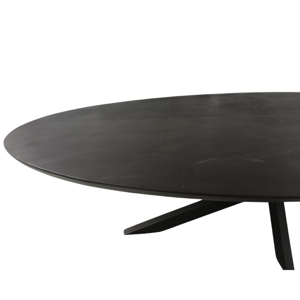 Esstisch Jacky Schwarz Oval – Massivholztisch aus Mangoholz mit schwarzem Metallgestell, 160 x 90 x 76 cm, 6 cm Platte