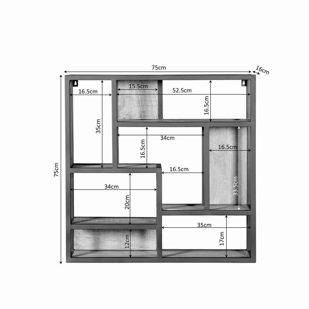 Wandregal Sydney – Regal aus schwarzem Mangoholz & Metallgestell, 75×16×75 cm, modernes Hängeregal im Industrial-Design
