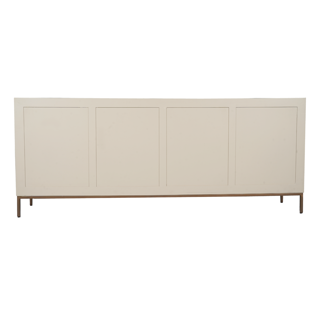 Sideboard Mandy Sand – Design-Kommode aus Mangoholz mit vertikalem Lattenmuster & bronzefarbenem Metallgestell, 210 x 45 x 85 cm