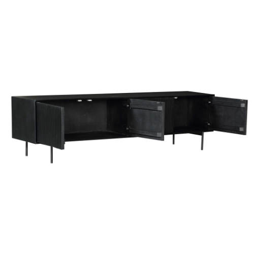 TV-Schrank Mandy Schwarz – Mangoholz TV-Board mit Metallrahmen & Lamellen-Front, 210×55×45 cm, 4 Türen im modernen Design