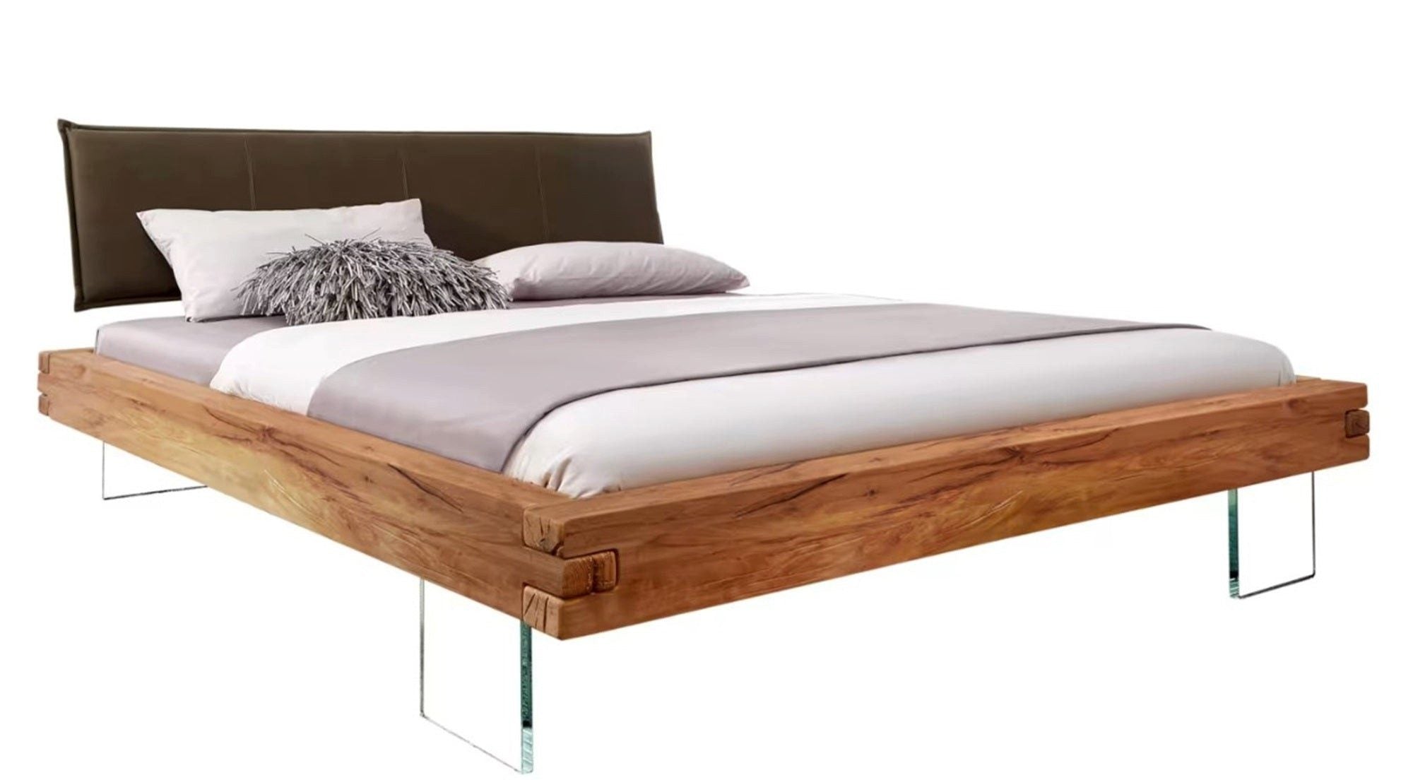 Massivholzbett Wildeiche 180x200cm mit Stoffkopfteil & Glasfüßen, Designer Balkenbett 180x200cm