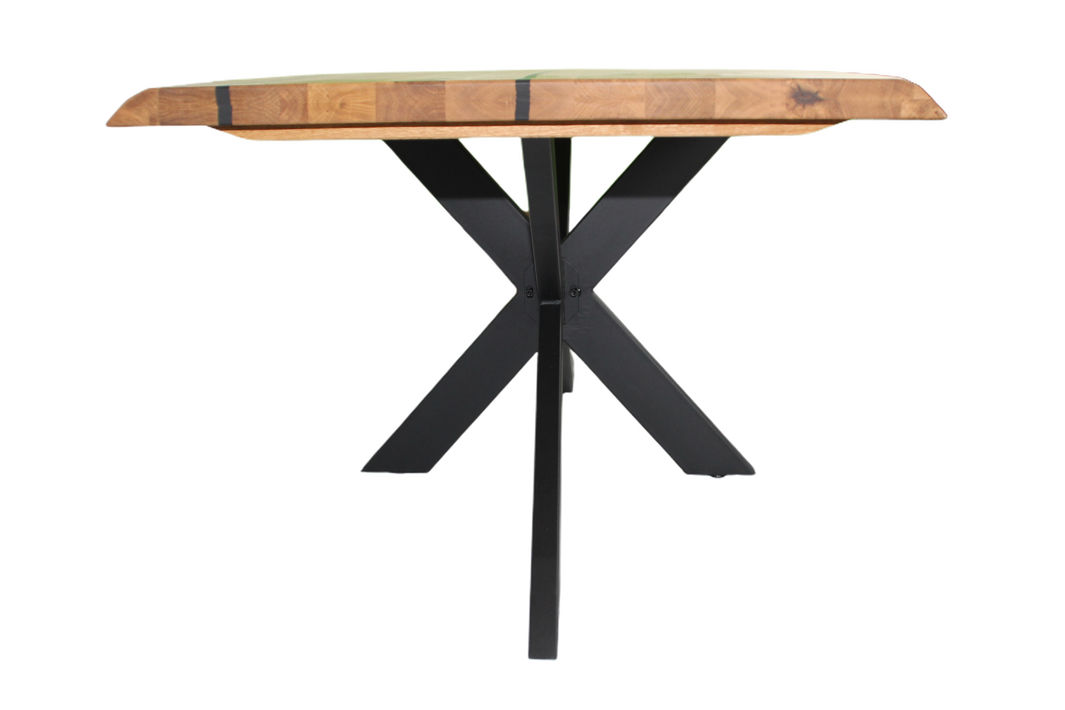 Eiche Epoxid Harz Schwarz - Esstisch mit gedrehter Baumkante - Spider Gestell | Unikat