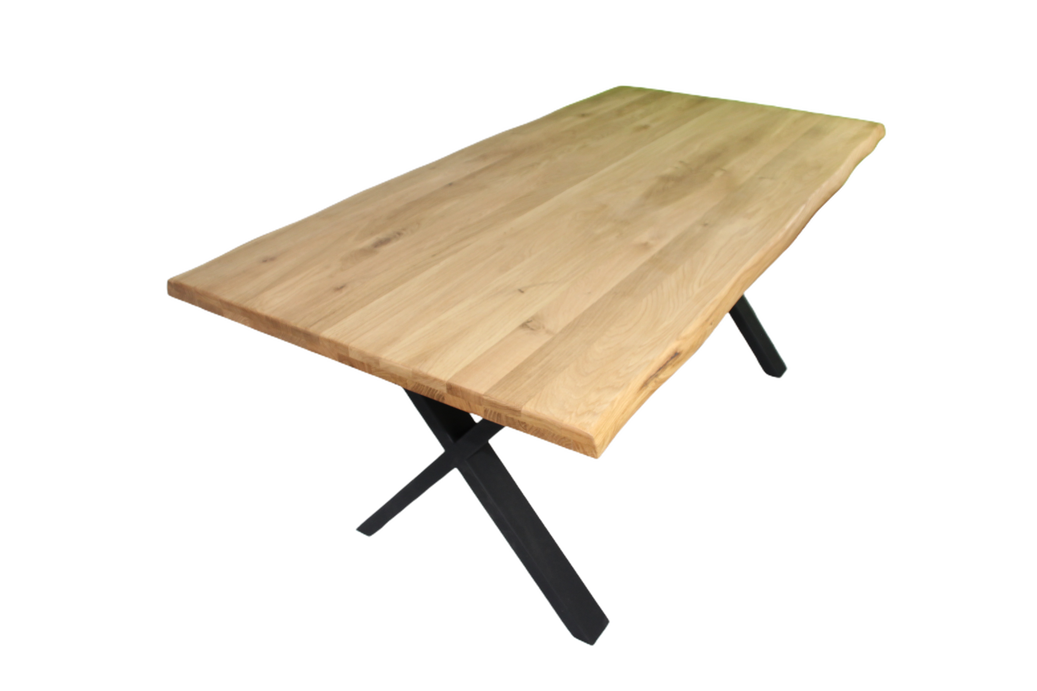 Eiche - Esstisch mit Baumkante - X-Gestell in Schwarz | Unikat