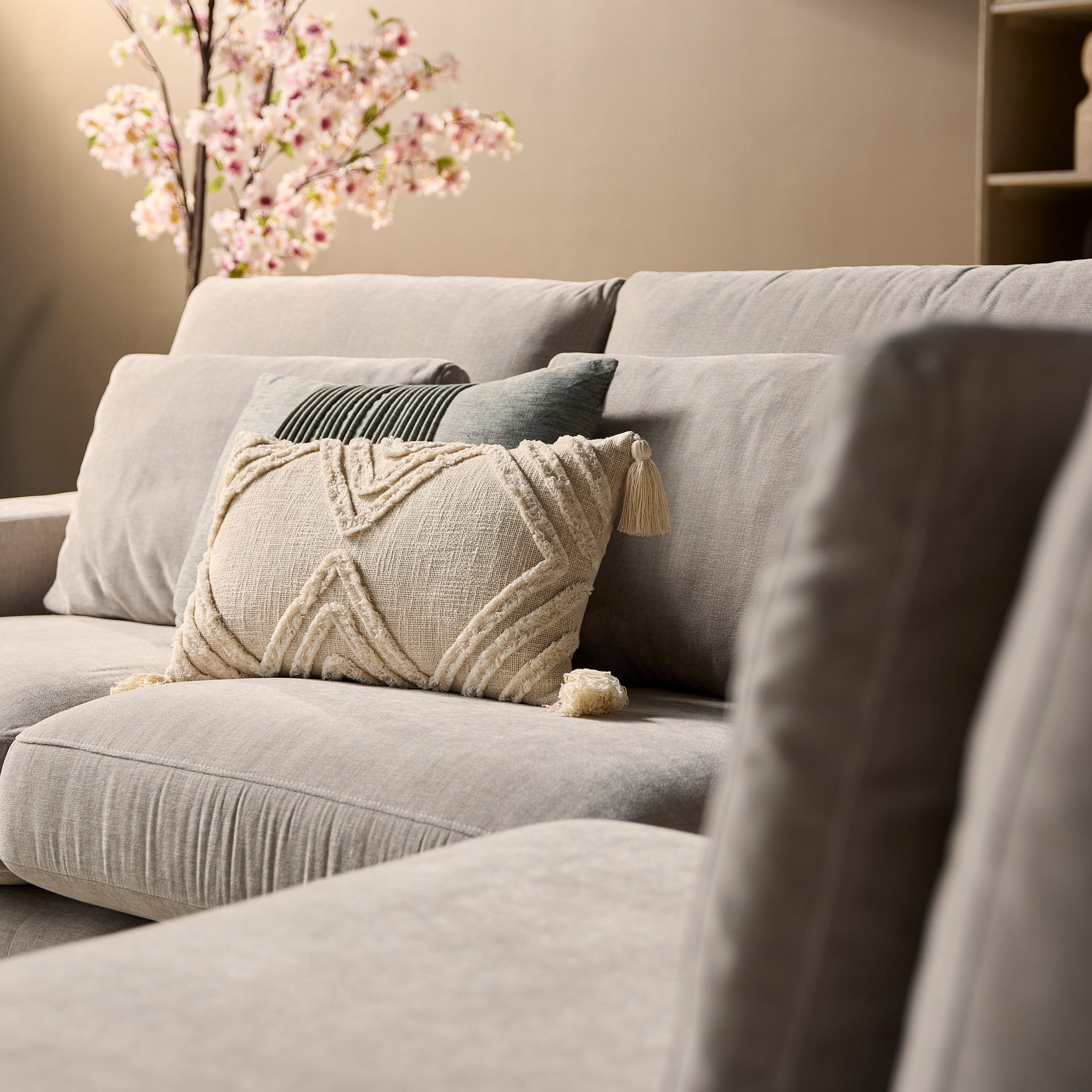 Ecksofa Jazz MeinLieblingsplatz – 2,5-Sitzer und Ottomane rechts in Beige, inkl. Kissen