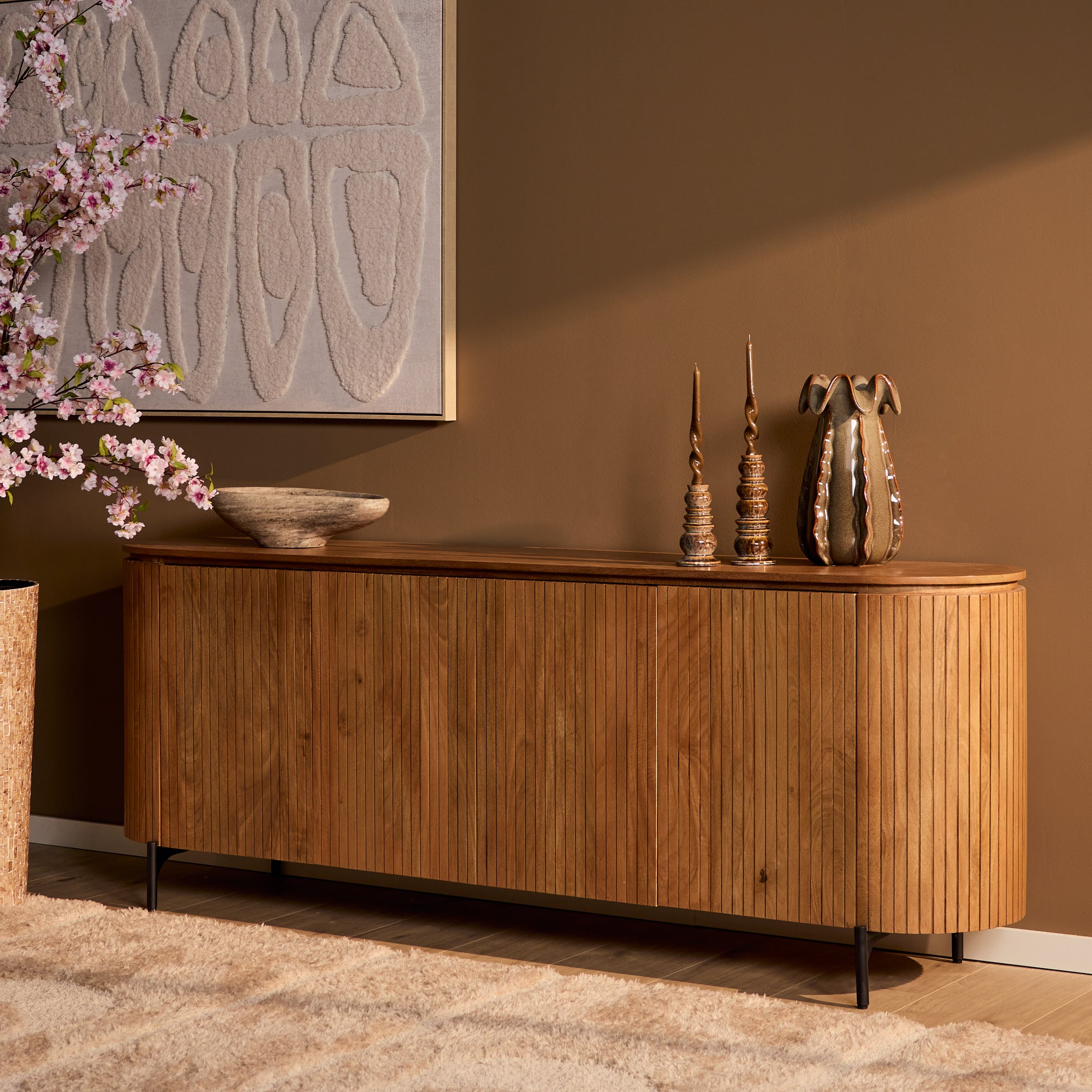 Sideboard Sole Natur 210x45x90 cm – moderne Mangoholz Kommode mit Lamellenfront & viel Stauraum