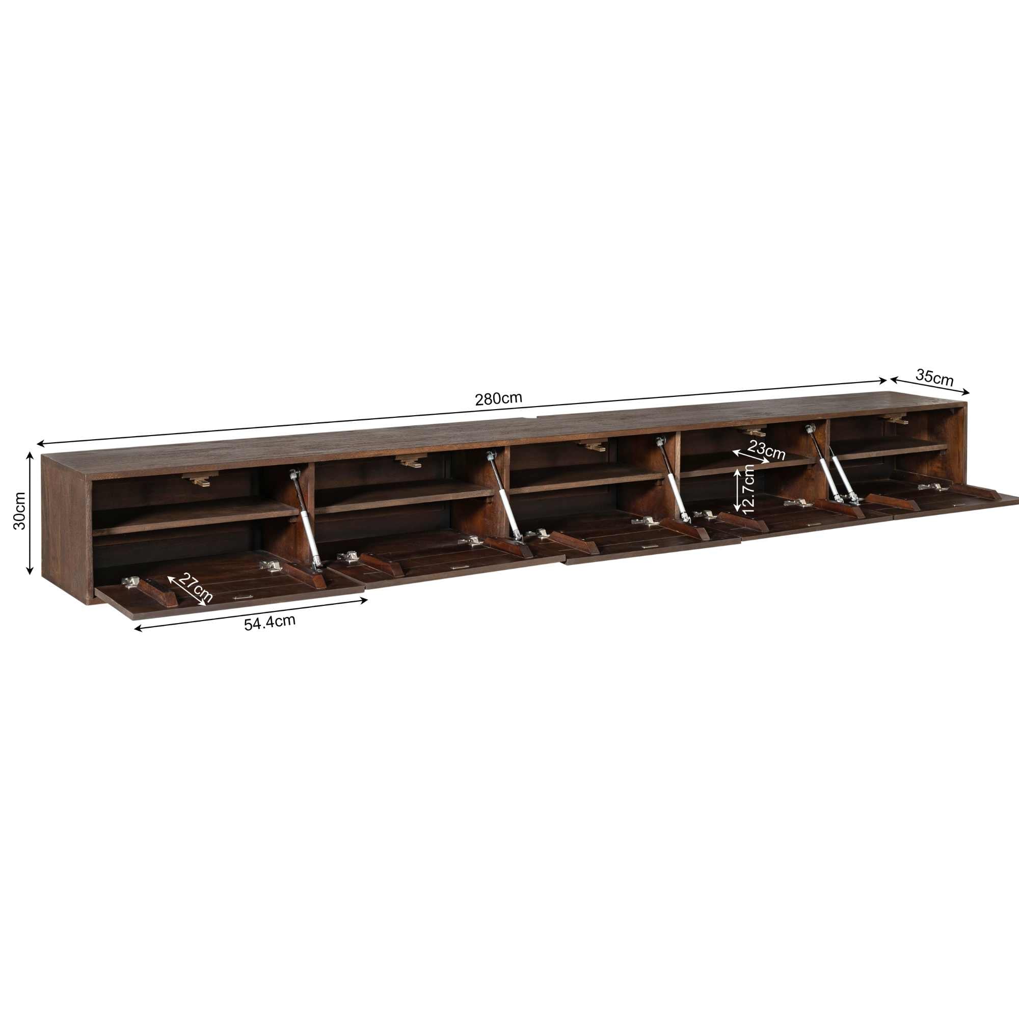 TV-Board Focus Braun schwebend – Massives Mangoholz, grifflos mit Push-to-Open, Wandmontage, 280 x 35 x 30 cm