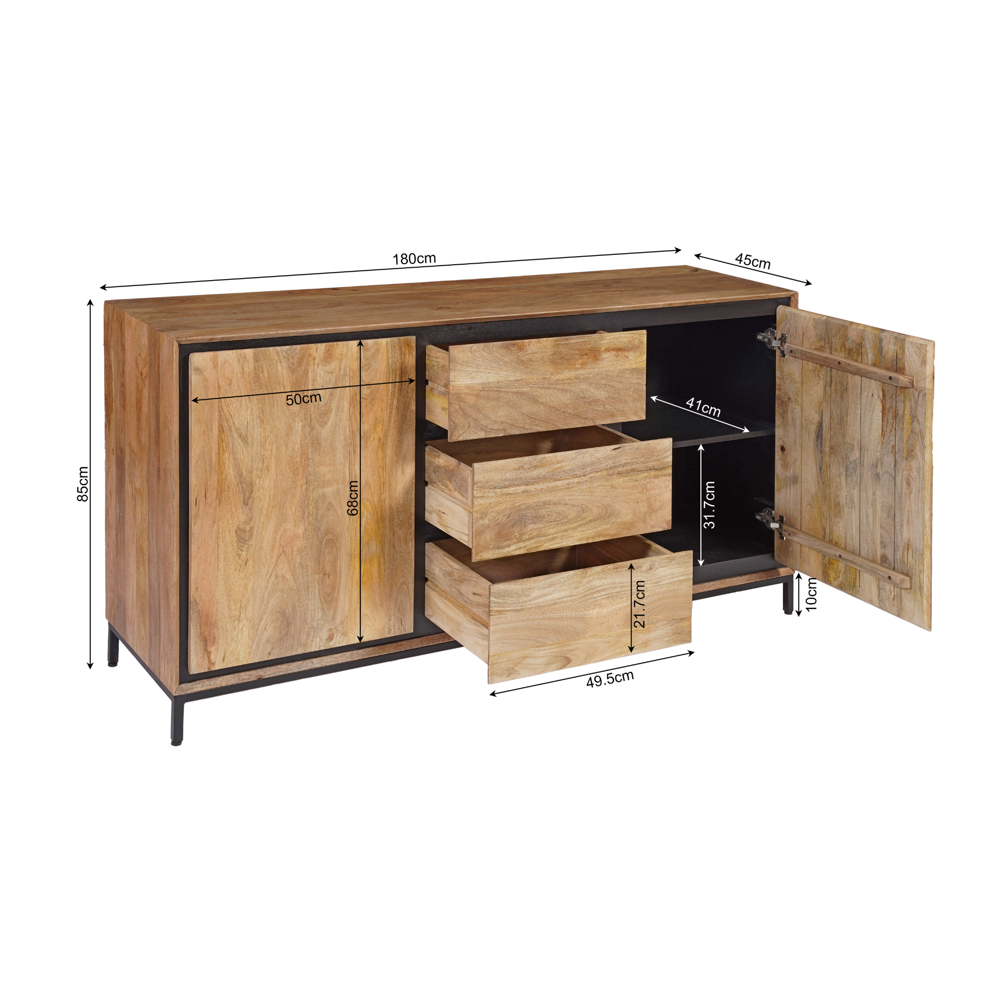 Sideboard Rois – Mangoholz mit schwarzem Metallrahmen, 2 Türen & 3 Schubladen, 160 x 45 x 85 cm