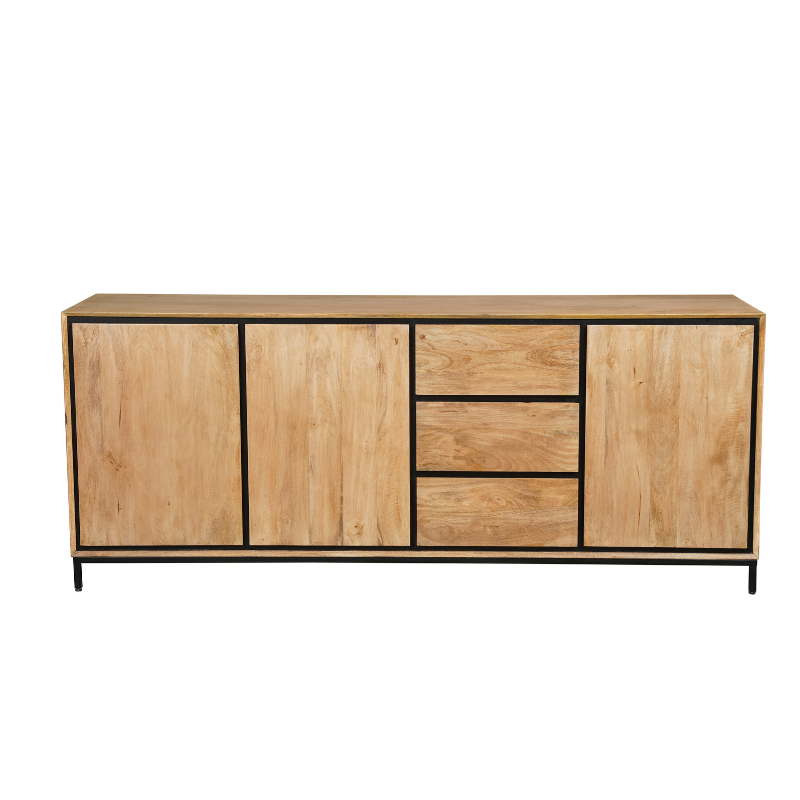 Sideboard Rois 210x45x85 cm – Mangoholz Kommode mit Metallrahmen, 3 Türen & 3 Schubladen