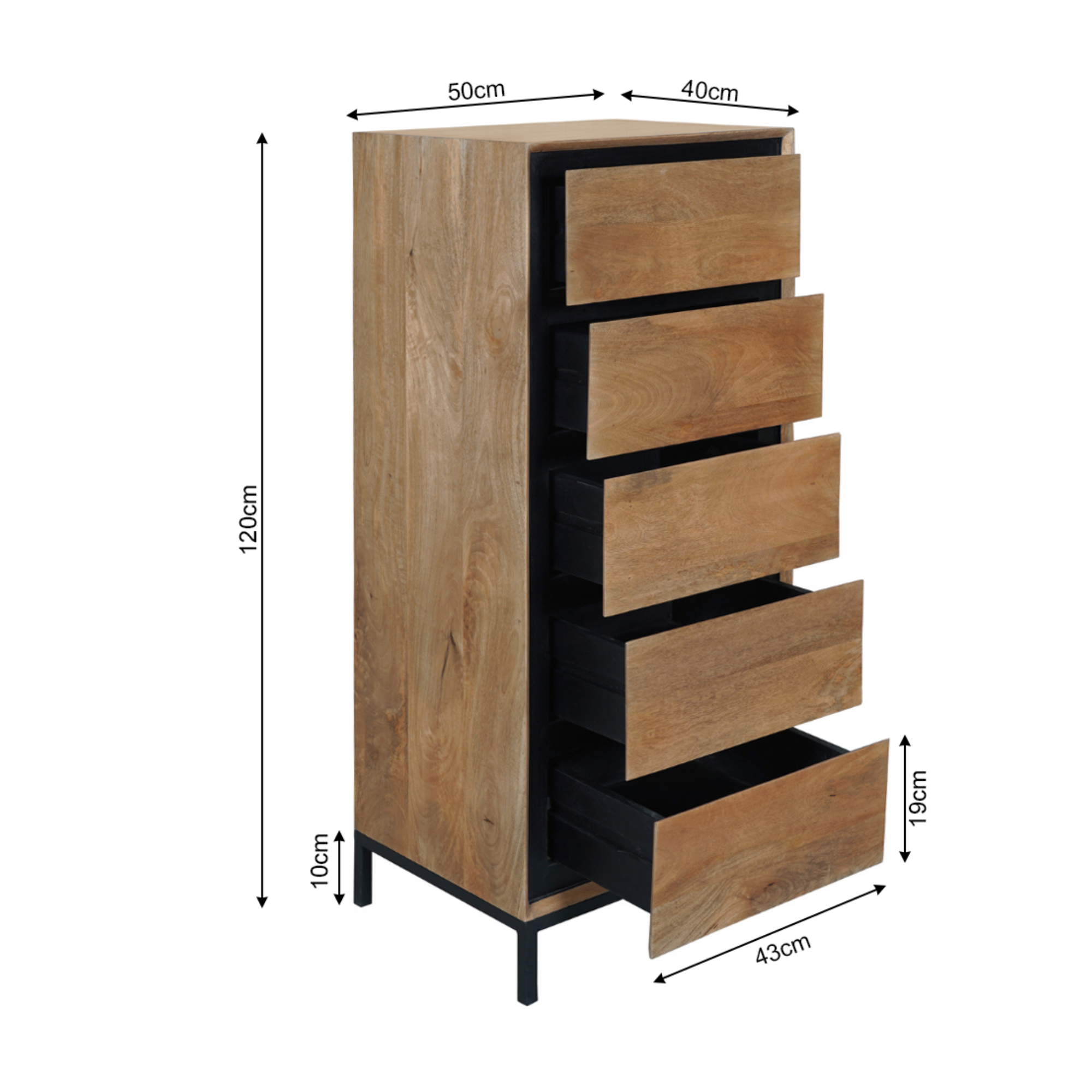 Kommode Rois Mango Natur 50x40x120 cm – moderner Schrank mit 5 Schubladen & Metallgestell