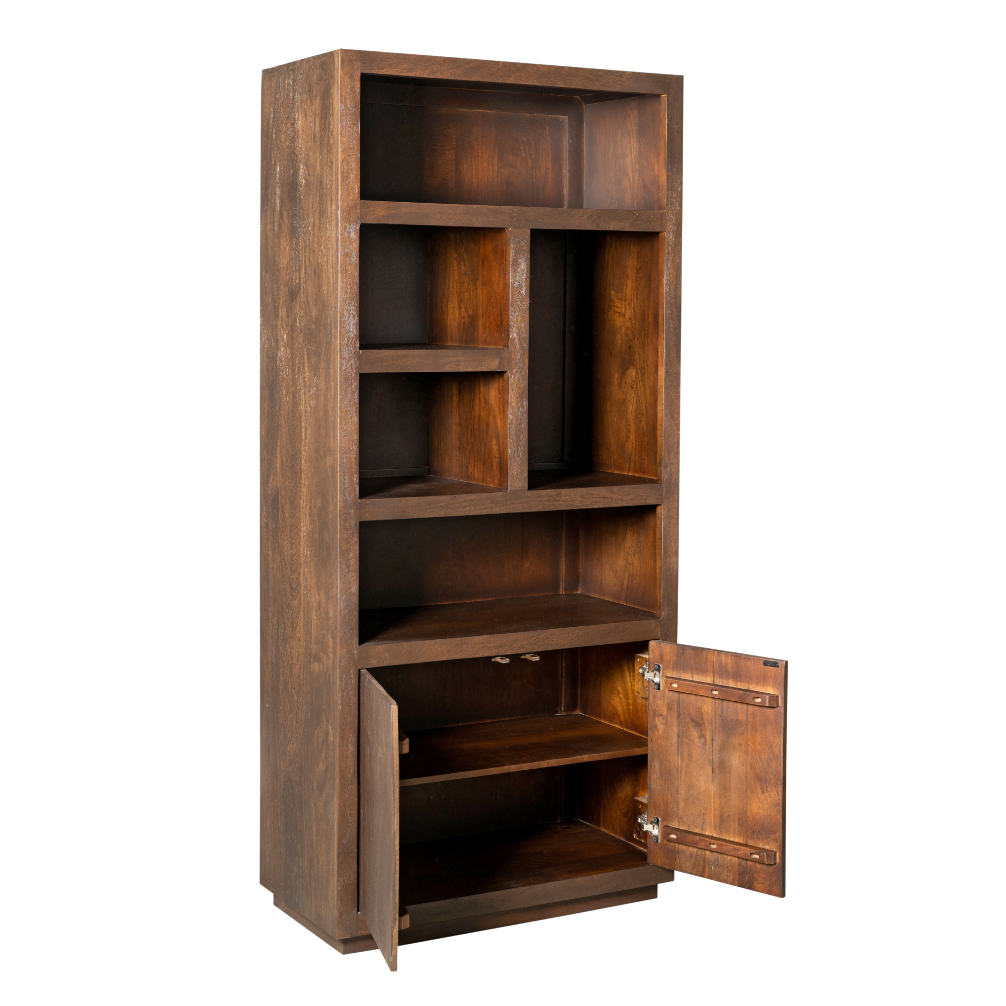 Bücherregal Bali Braun 90x45x200 cm – modernes Mangoholz Regal mit 5 offenen Fächern & 2 Türen