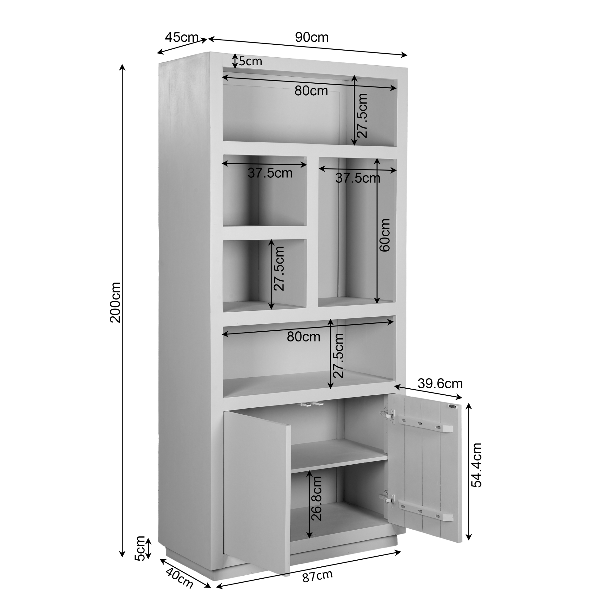 Bücherregal Bali Braun 90x45x200 cm – modernes Mangoholz Regal mit 5 offenen Fächern & 2 Türen
