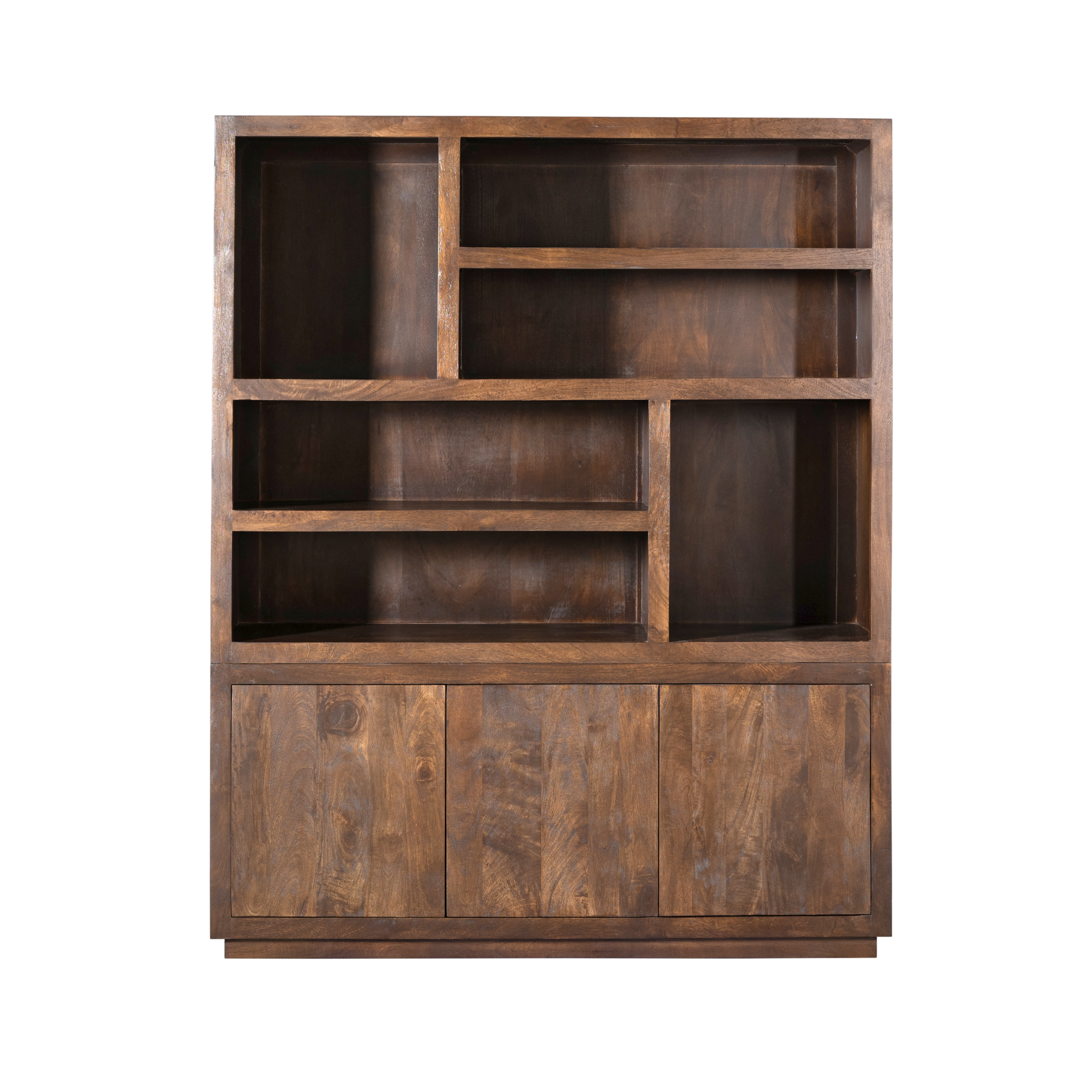 Regal Bali Braun XL – modernes Mangoholz-Regal mit offenen Fächern & 3 Türen, Push-to-Open, 160 x 45 x 200 cm