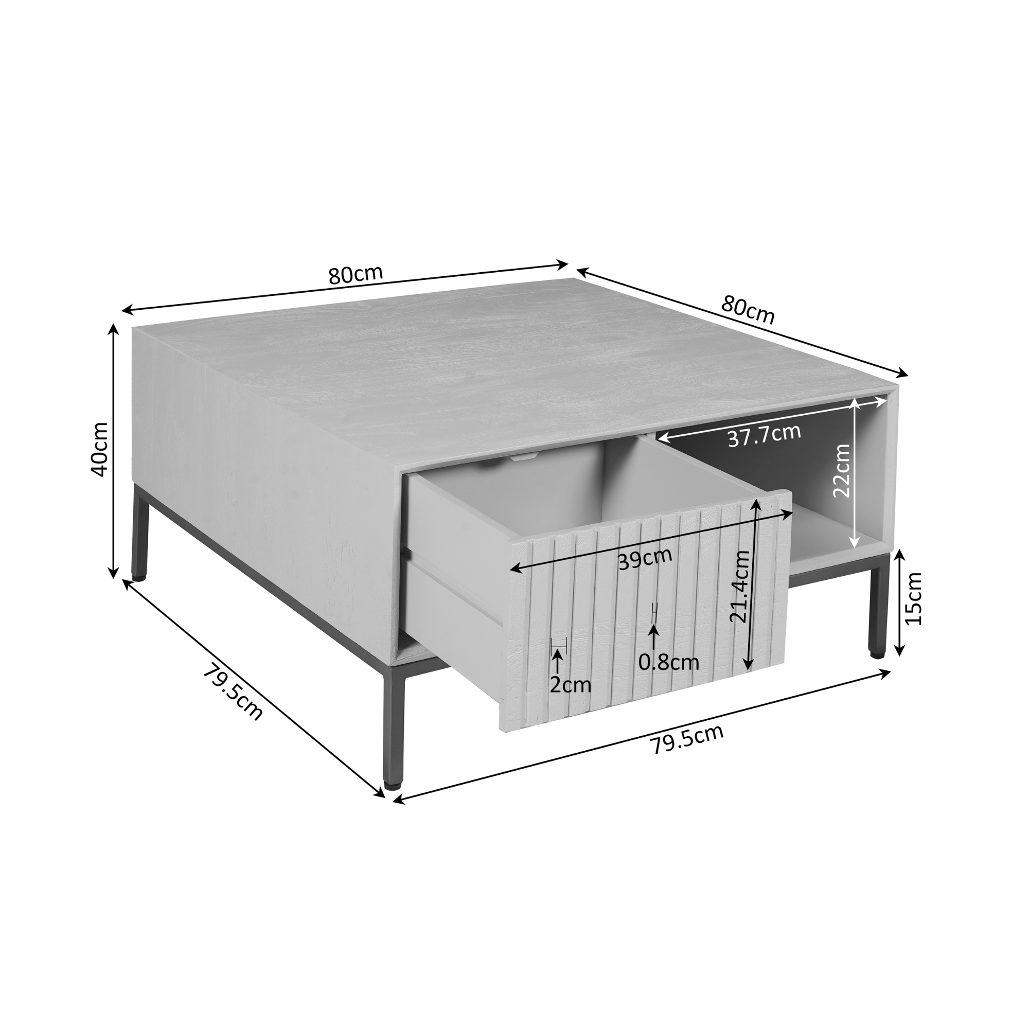 Couchtisch Mandy Braun – Mangoholz, braune Oberfläche, Metallbeine, 80 x 80 x 40 cm, offenes Fach & 2 Schubladen