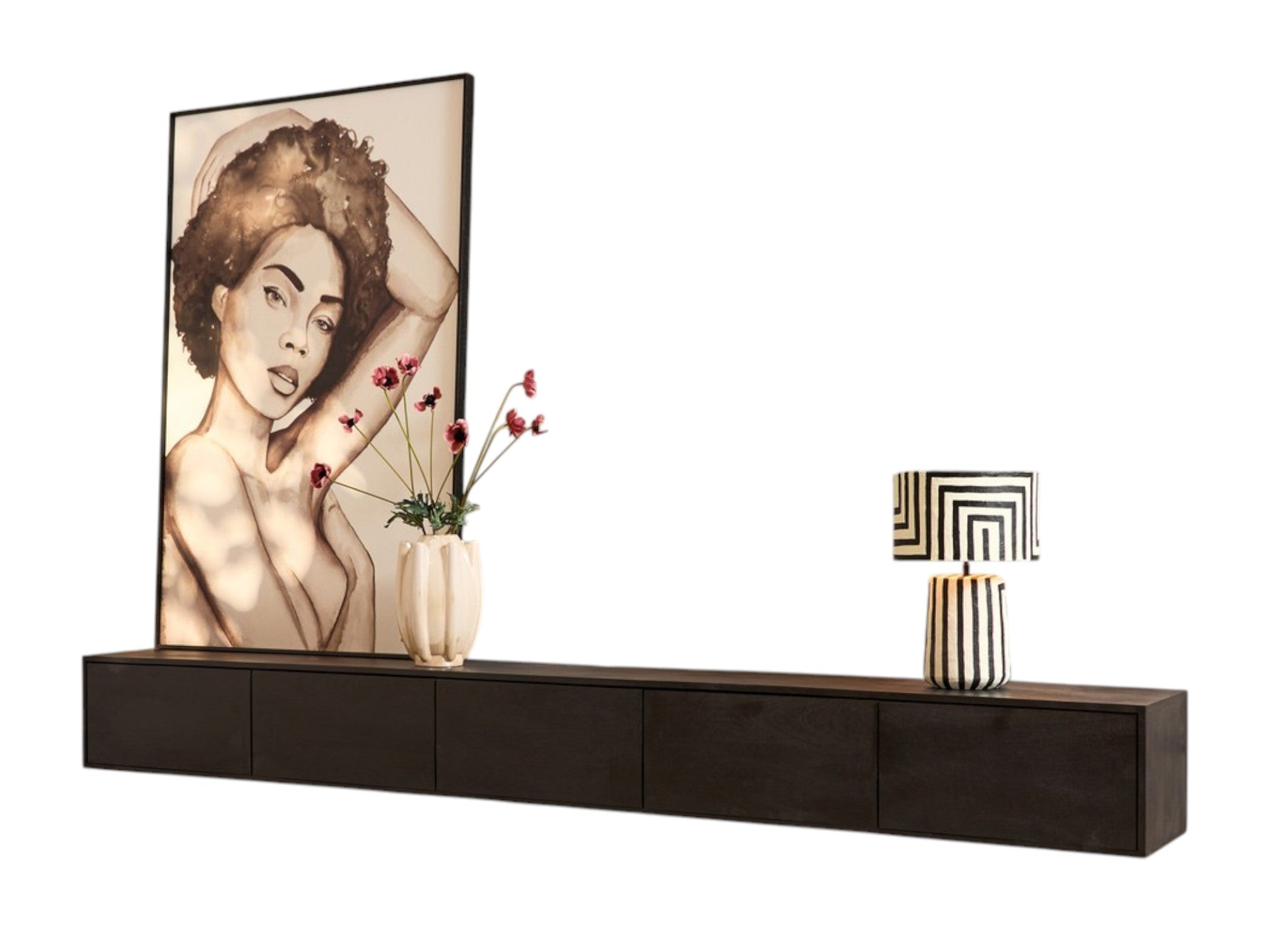 TV-Board Focus Schwarz – Schwebendes Lowboard aus Mangoholz mit Push-to-Open, 280 x 35 x 30 cm