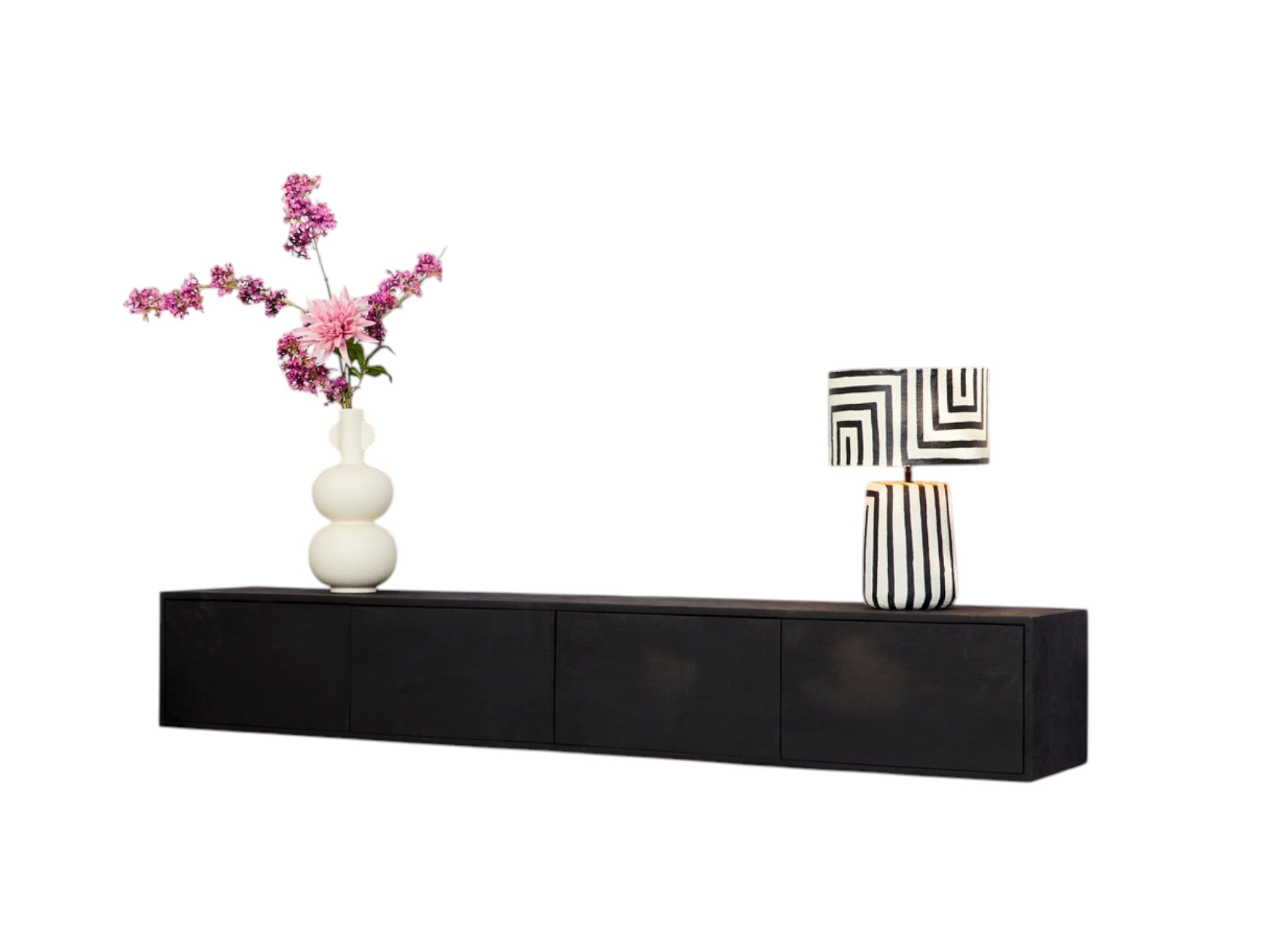 Schwebendes TV-Board Focus Schwarz – Mangoholz Lowboard 200×30×35 cm mit grifflosen Türen & Push-to-Open-System, Wandmontage