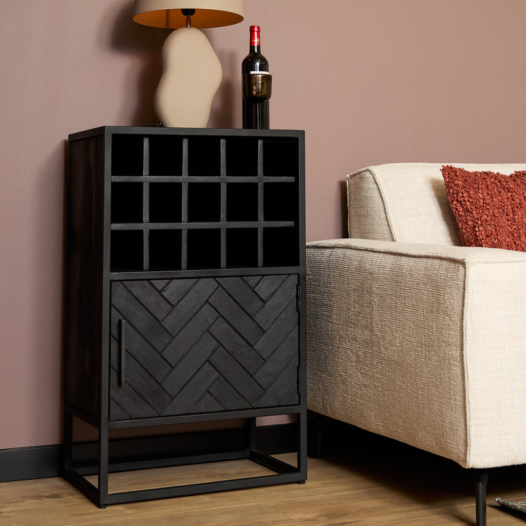 Weinbar Sydney Schwarz 55x35x90 cm – Stilvolle Minibar aus Mangoholz mit Fischgrätmuster & Stauraum für Gläser & Flaschen