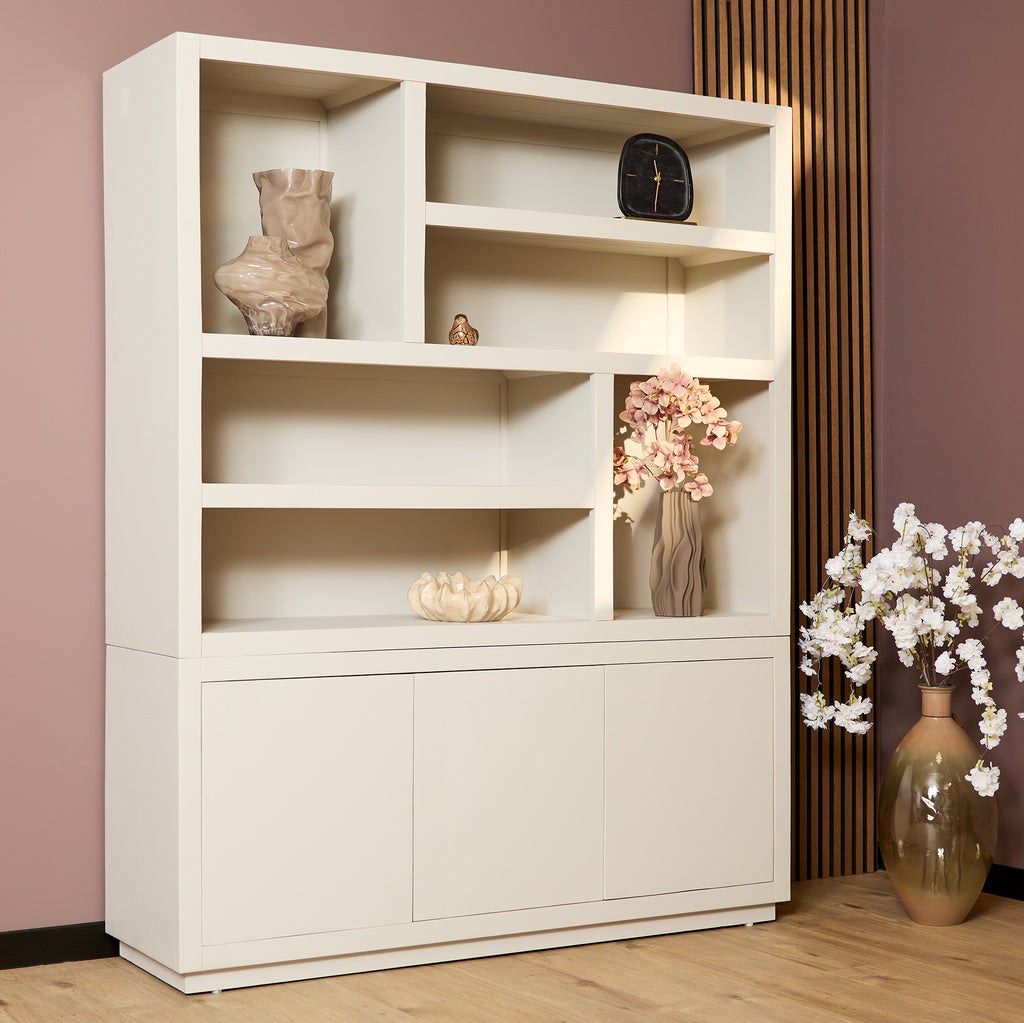 Regal Bali XL Sand 160x45x200 cm – Mangoholz Bücherregal mit offenen Fächern & 3 Türen (Push-to-Open)