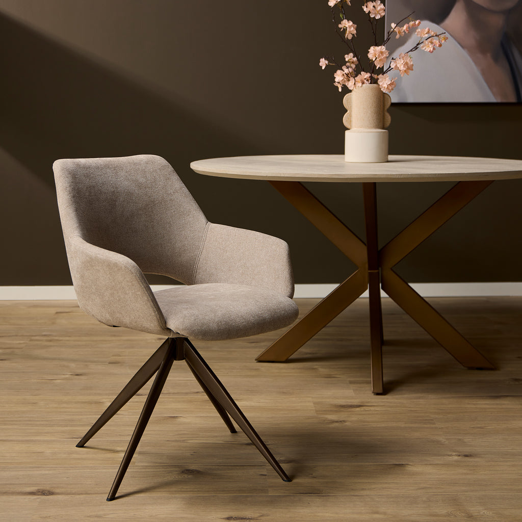 Esszimmerstuhl Daisy Beige – Drehstuhl mit Stoffbezug & Armlehnen, 61×60×82 cm, modern & komfortabel