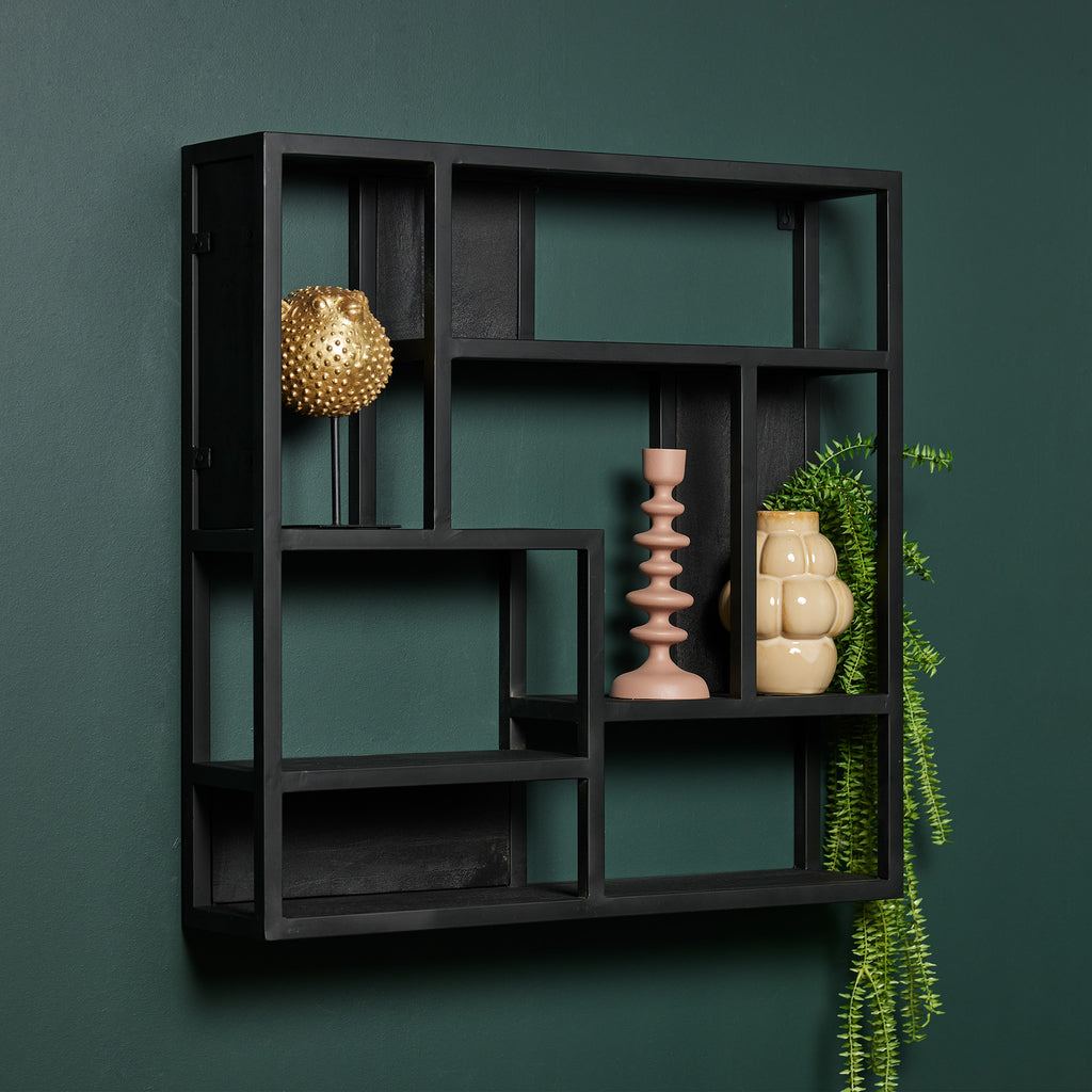 Wandregal Sydney – Regal aus schwarzem Mangoholz & Metallgestell, 75×16×75 cm, modernes Hängeregal im Industrial-Design