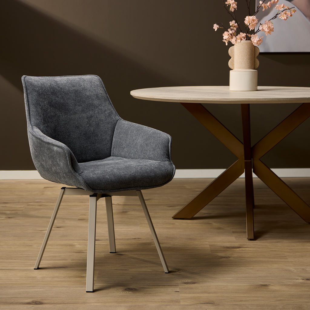 Esszimmerstuhl Mees drehbar Anthrazit – moderner Stoffstuhl mit Metallgestell, 2er Set, 57 x 62,5 x 86,5 cm