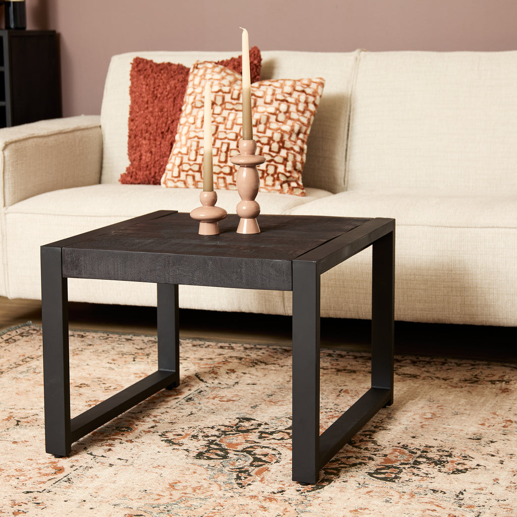 Beistelltisch Bori Schwarz 60x60x45 cm – moderner Couchtisch aus Mangoholz & Metall