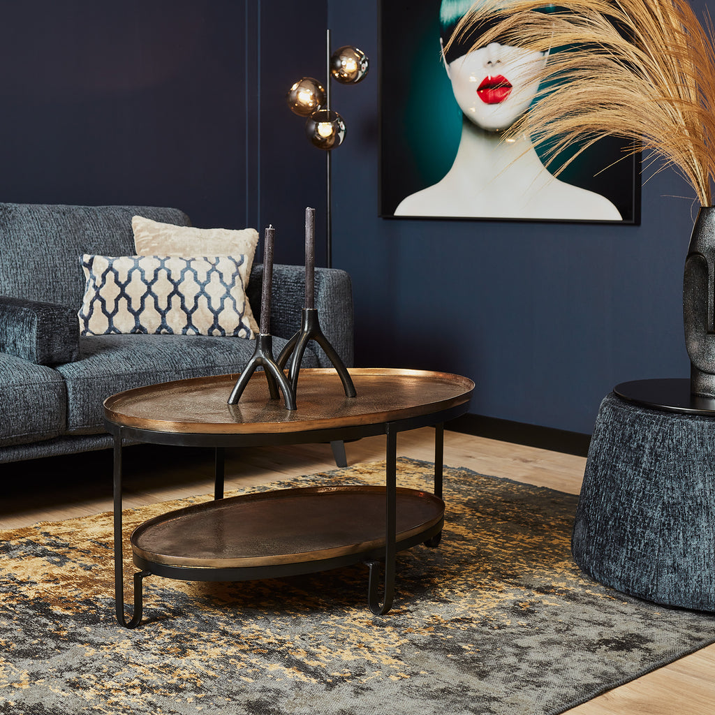 Couchtisch Kate oval 98x60x45 cm – Aluminium in Antikgold & schwarzes Gestell