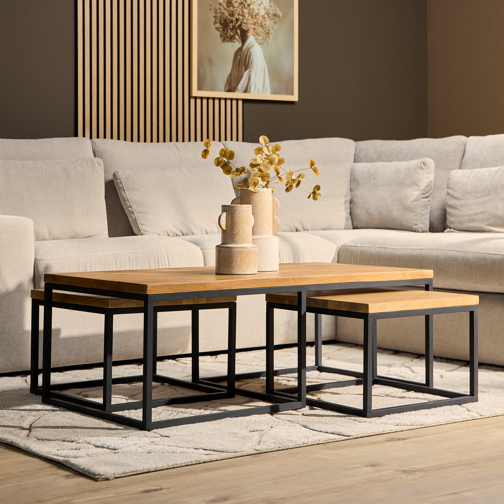 Couchtisch-Set Delta Natur – 3-teilig aus Mangoholz mit Metallgestell, platzsparend und modern, stilvoller Blickfang für jedes Wohnzimmer