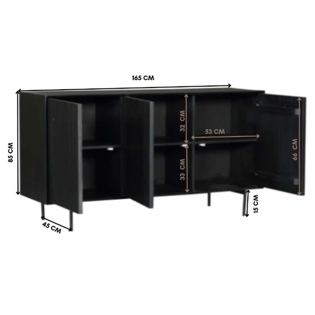 Sideboard Mandy Schwarz – Mangoholz mit Metallrahmen, 3 Türen im Latten-Design, 165 x 45 x 85 cm