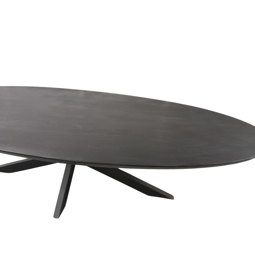 Esstisch Jacky Schwarz Oval – Massivholztisch aus Mangoholz mit schwarzem Metallgestell, 160 x 90 x 76 cm, 6 cm Platte