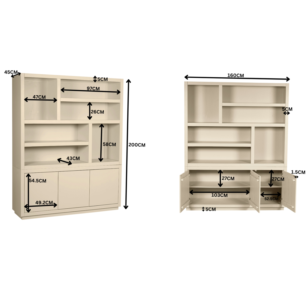 Bücherregal Bali Sand 90x45x200 cm – Mangoholz Regal mit offenen Fächern & grifflosen Türen