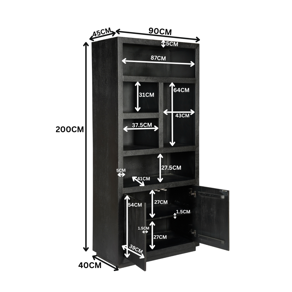 Bücherregal Bali Schwarz – Mangoholz mit modernem Design, 5 offene Fächer & 2 Türen mit Push-to-Open, 90 x 45 x 200 cm