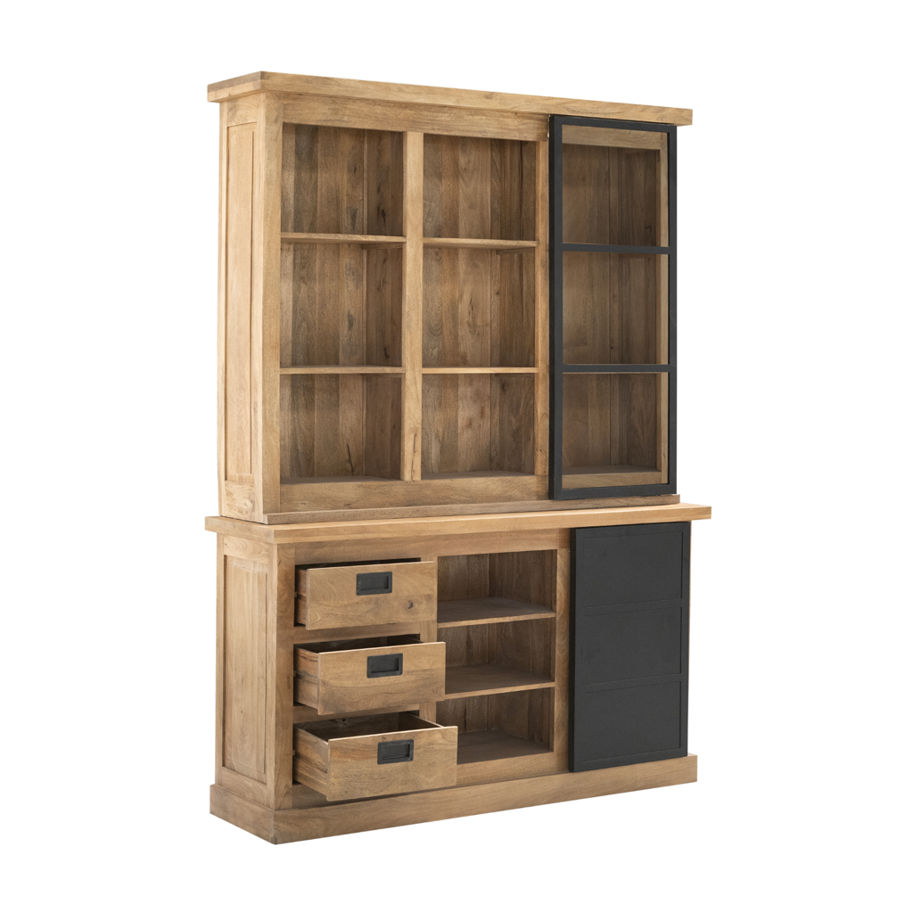 Vitrine Nizza – Mangoholzschrank mit schwarzen Metalltüren, 160×45×220 cm, 4 Türen & 6 Schubladen im modernen Design