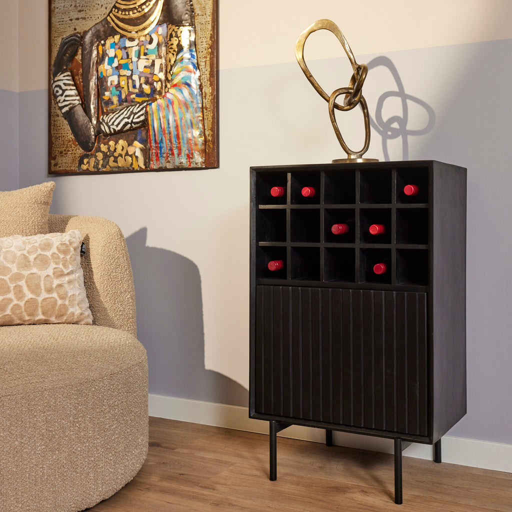 Weinregal Mandy Schwarz 55x35x90 cm – elegantes Mangoholz-Regal mit Lamellenfront & 15 Flaschenfächern