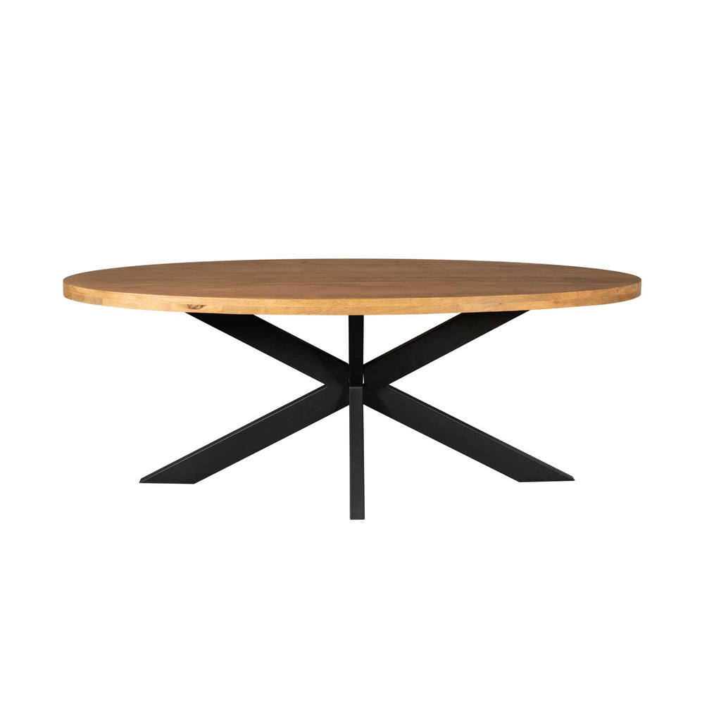 Esstisch Delta Natur Oval 180x90x76 cm – Massives Mangoholz & modernes Matrix-Metallgestell in Schwarz